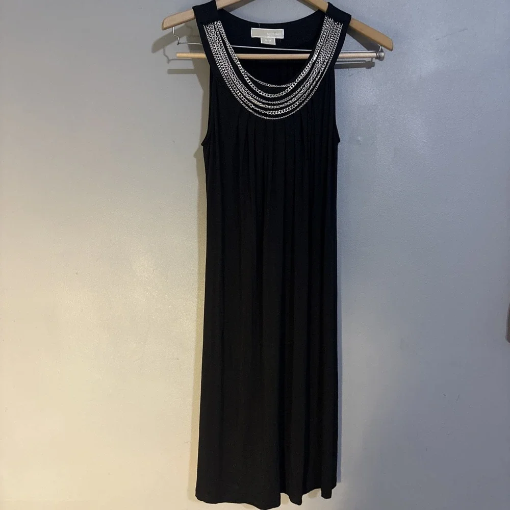 Michael Kors Women's Sz Med Black Tank Dress Tunic Top Silver Chains Black $109